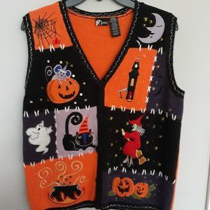 Halloween Sweater Vest Lg Witch Black Cat Ghost